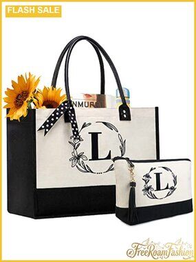 Monogram Embroidered Canvas Tote Bag with Leather Handle